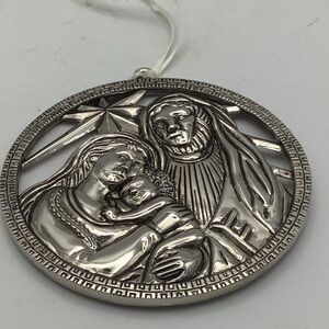 Silvertone Metal Christmas Ornament Featuring Intricate Design of Holy Family